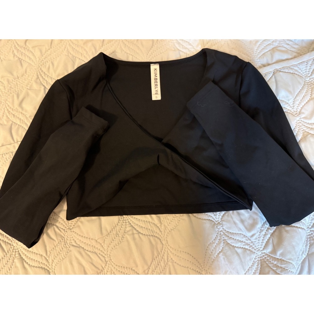 Kimberly C Womens Long Sleeve V Neck‎ Crossover Wrap Front Crop Top Black